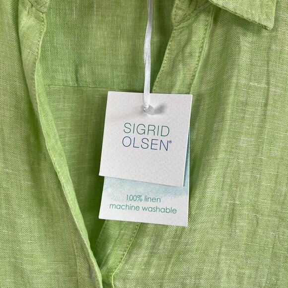 NWT Sigrid Olsen 100% Linen Button Front Collared Shirt Tunic Lime Green Size 1X - Picture 4 of 9